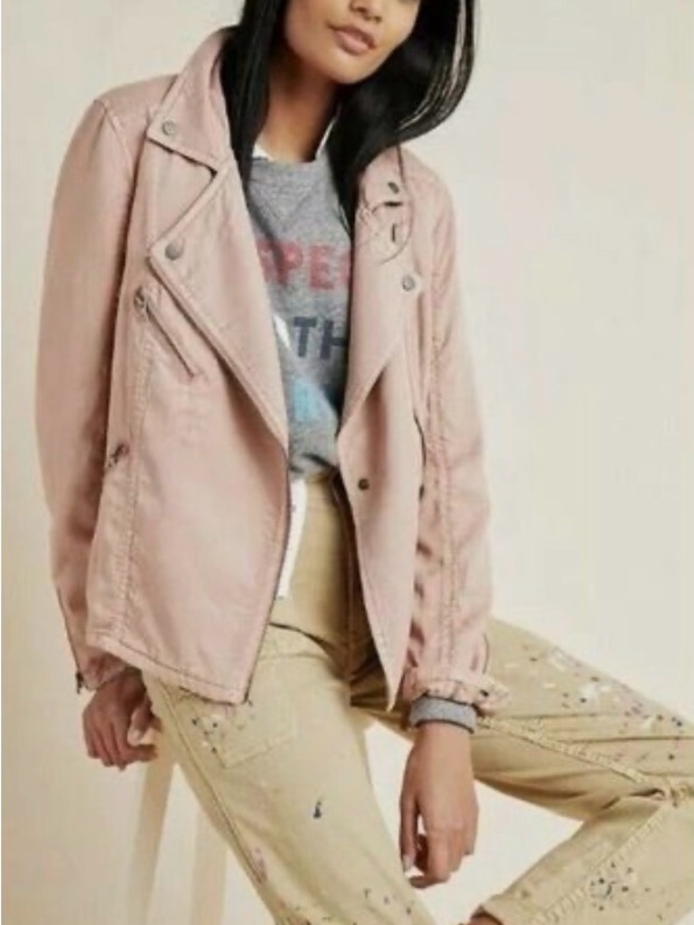 Marrakech Anthropologie Moto Jacket XL Mauve Pink Faux Suede Knit